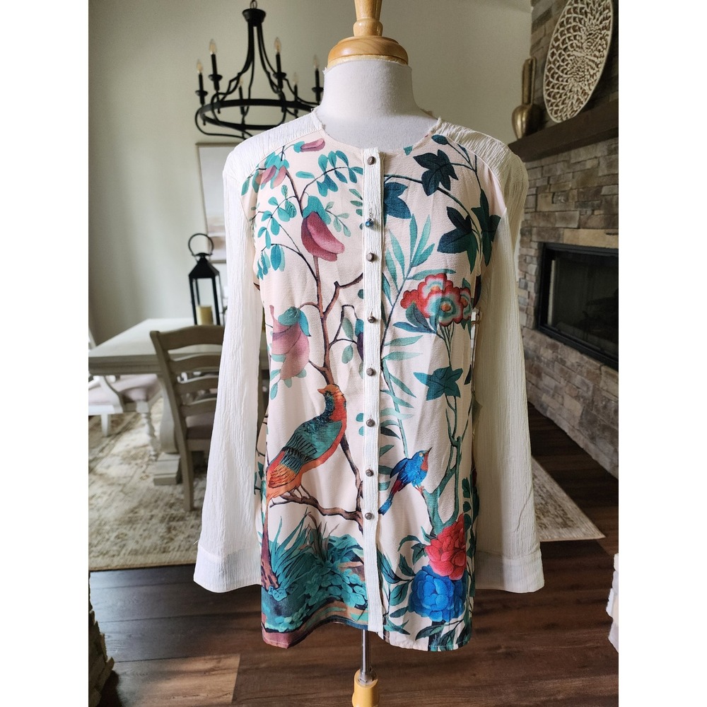 Anthropologie NWT Aratta Silent Journey Bird Floral Button Down Tunic Top Medium